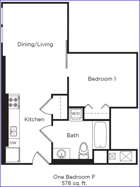 Floor plan for 1 bed, 1 bath, 578 sqft